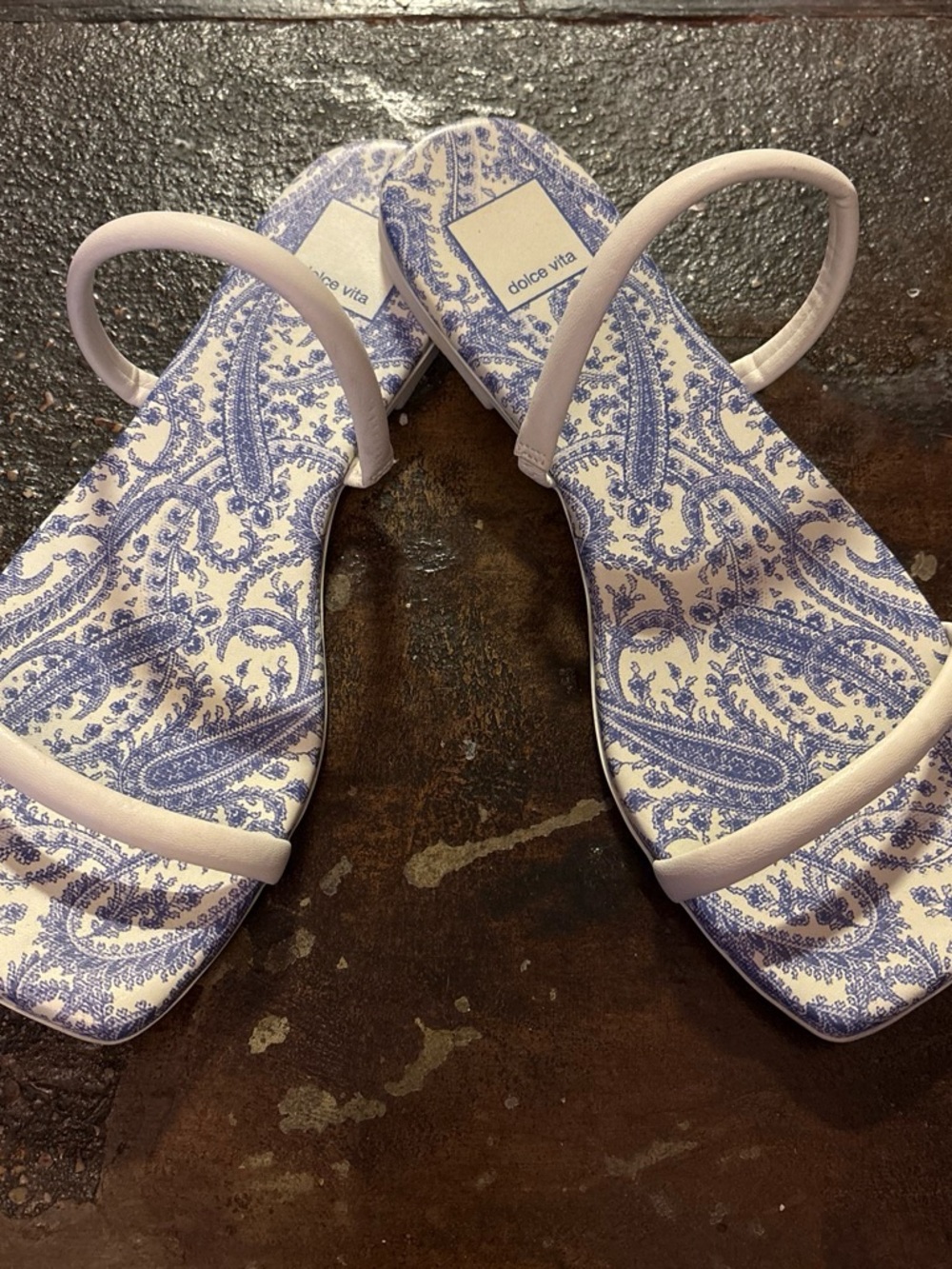 Dolce Vita White Sandals with Blue Paisley Print Straps